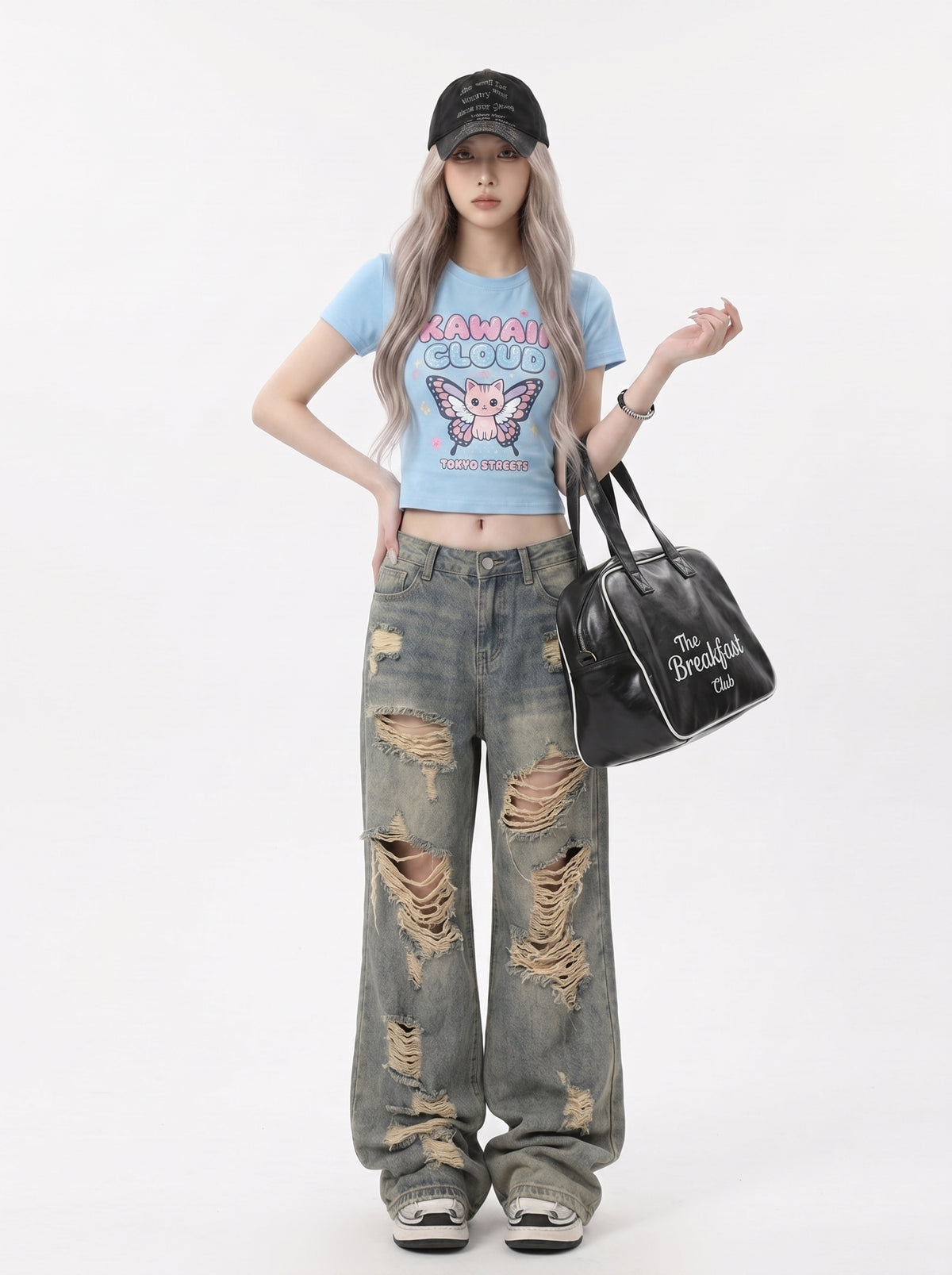 American retro ripped jeans women's summer thin ootd outfit hot girl high waist pants loose wide leg beggar pants