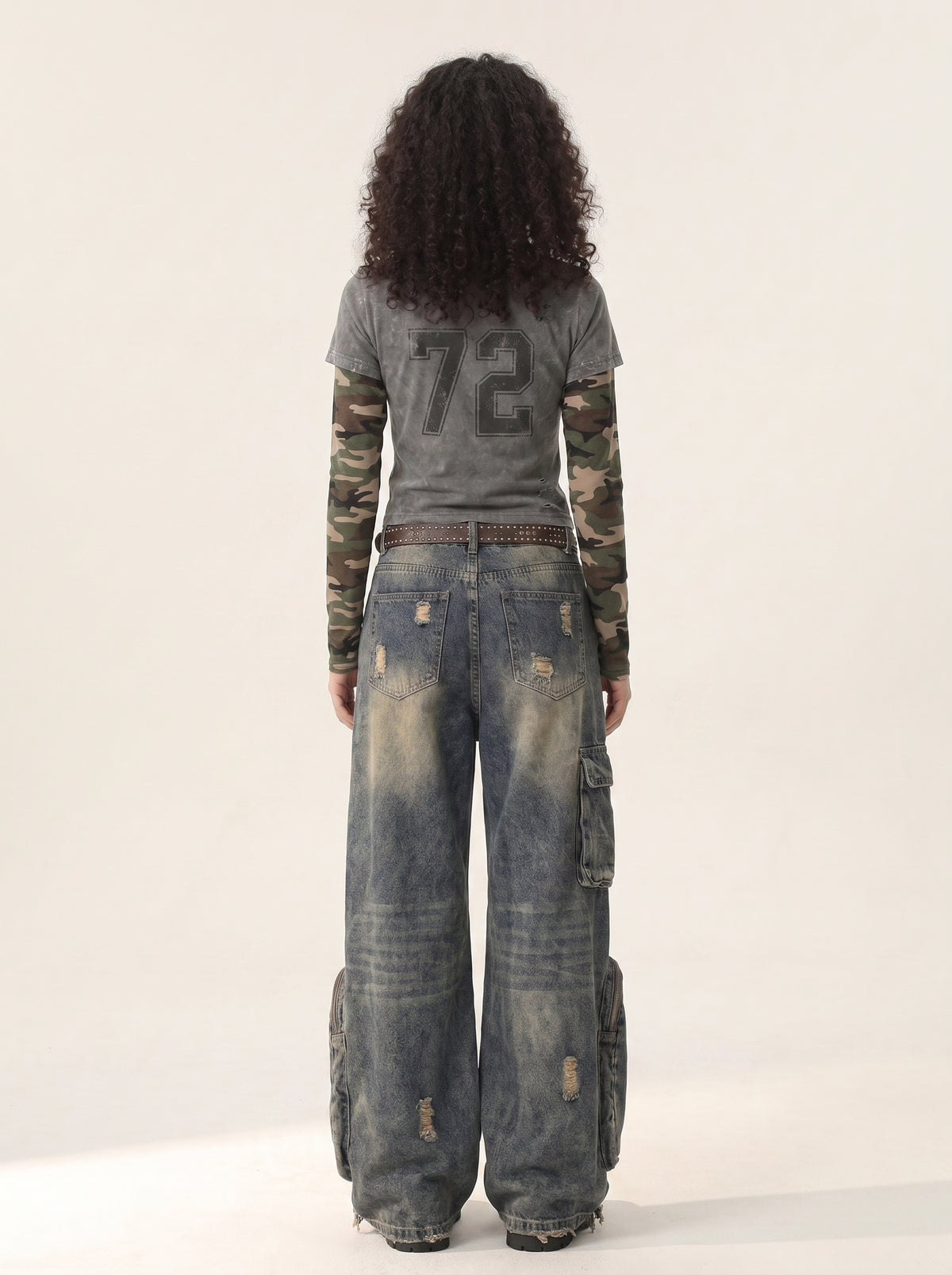 Three-dimensional pockets, heavy industry fringes, raw edge cargo jeans, men's American distressed, niche deconstruction, ripped wide-leg trousers