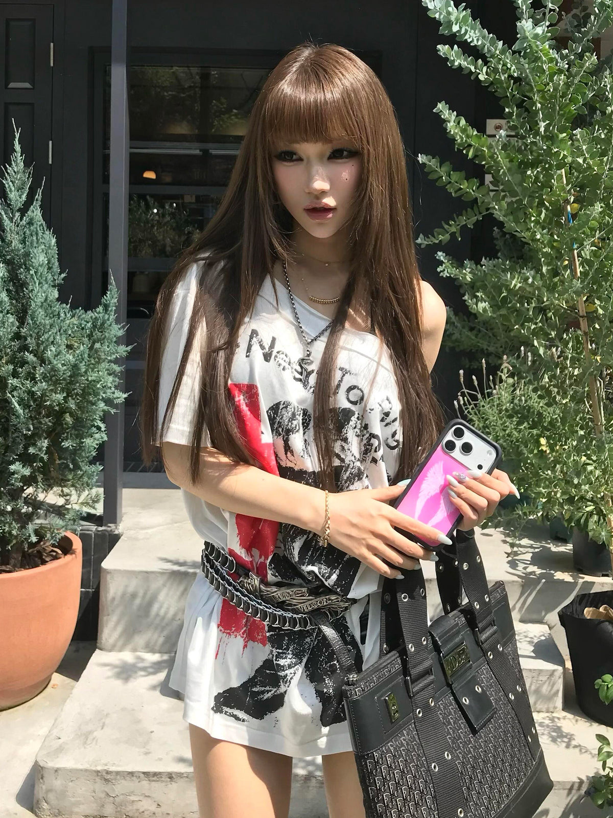 Punk subculture white cross-shoulder short-sleeve T-shirt for women, new summer backless American spicy off-shoulder top
