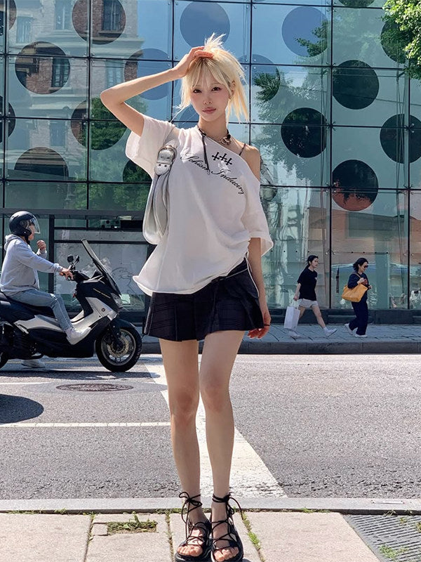gagaopt individual design sexy see-through lace panel off-the-shoulder short-sleeved T-shirt loose large cotton top for women