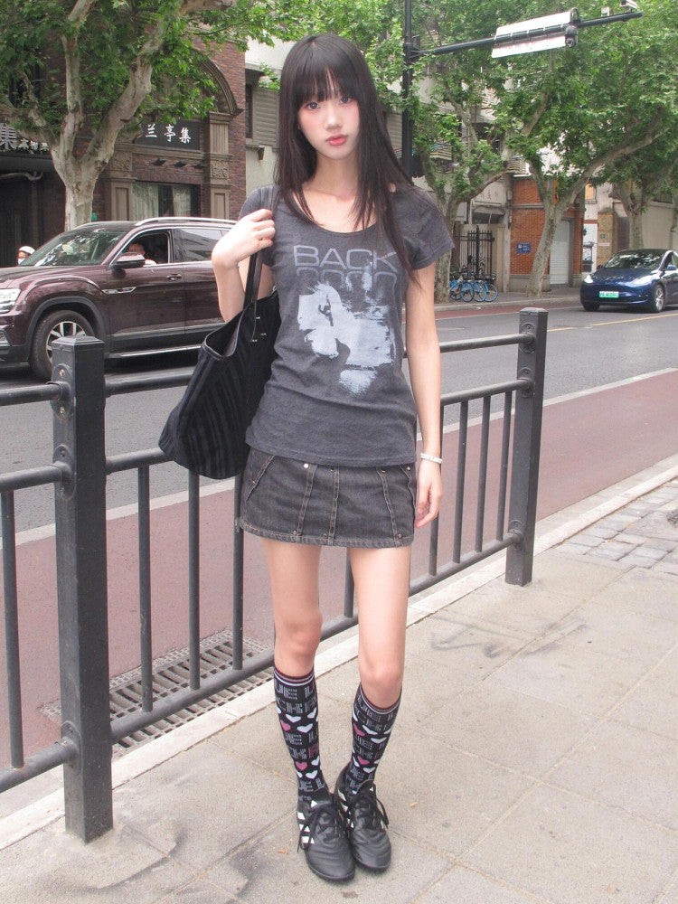 Y2K old-fashioned large neckline T-shirt women's summer new slim fit short shoulder short sleeve millennial hot girl light Asian top