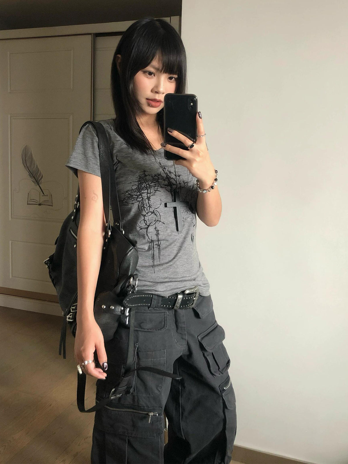 Y2K subculture straight shoulder short sleeve women's summer new printed slim short large neckline T-shirt old-fashioned light Asian top