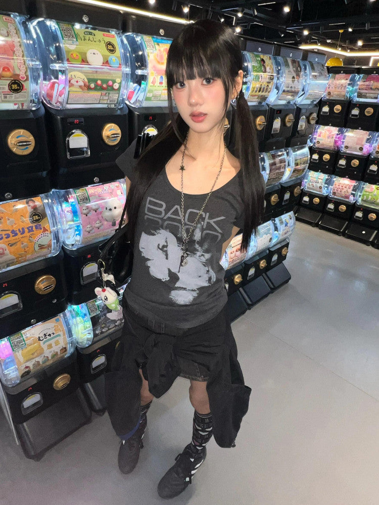 Y2K old-fashioned large neckline T-shirt women's summer new slim fit short shoulder short sleeve millennial hot girl light Asian top