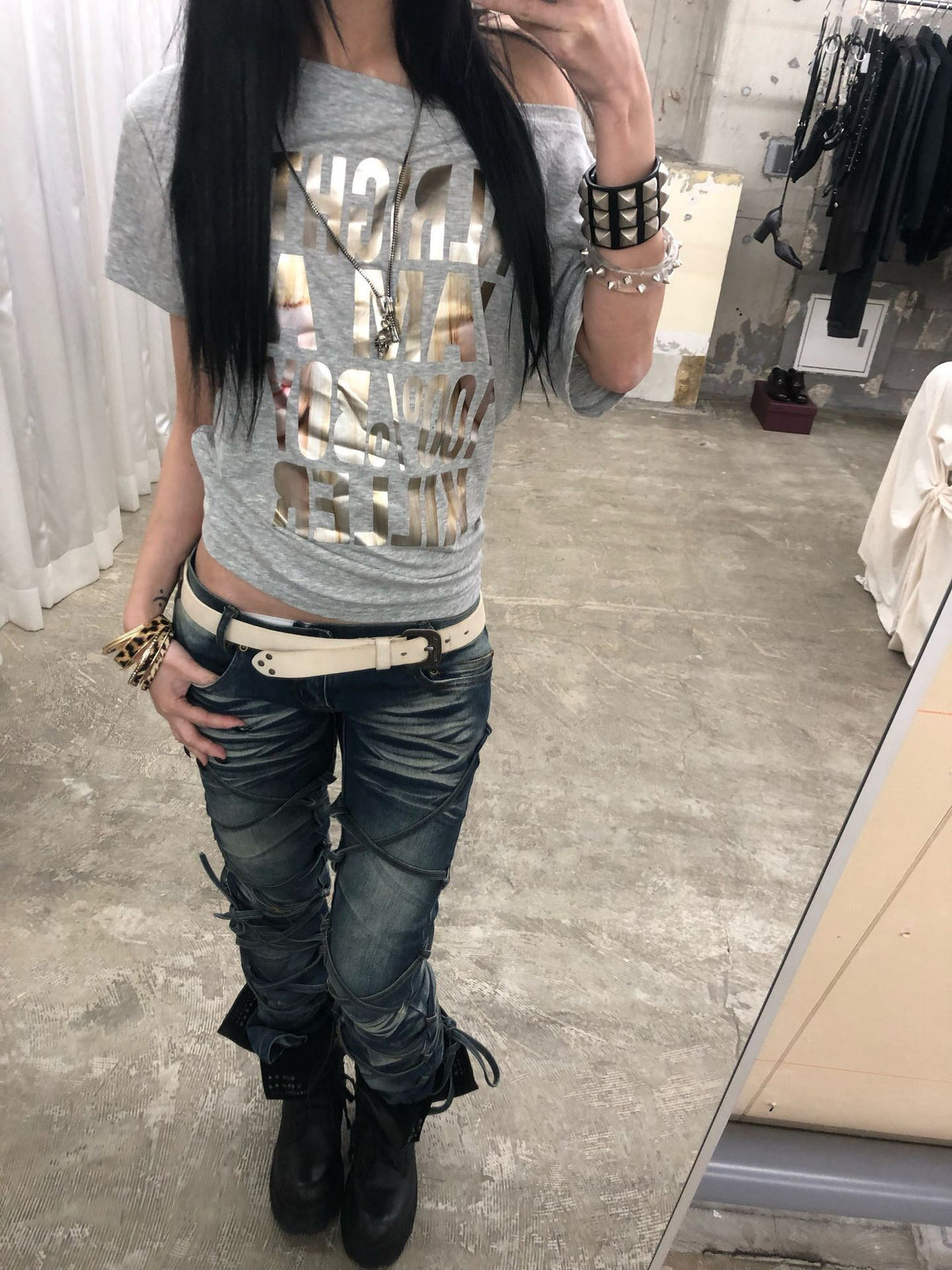 Subculture cross-shoulder short-sleeve women's summer new gold foil print off-shoulder top, spicy girl y2k vintage wide-neck T-shirt