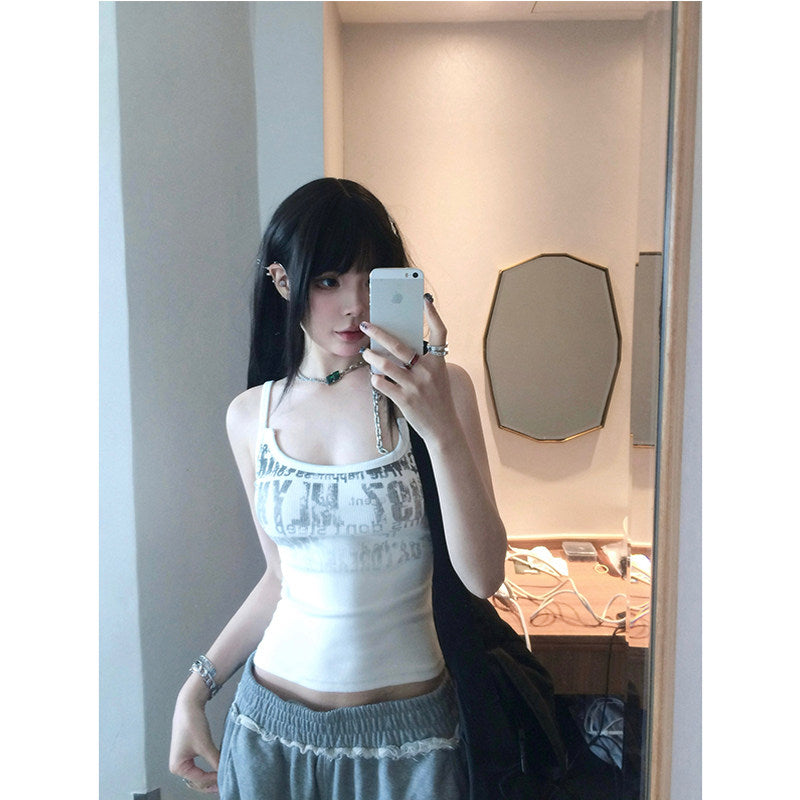 11SH97 Hot Girl White Print Sleeveless Camisole for Women, Summer Slimming Short Inner Layer, Outerwear Top