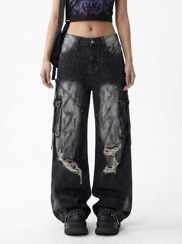 11SH97 Black ripped jeans for women, summer vintage washed distressed loose slimming straight-leg wide-leg pants