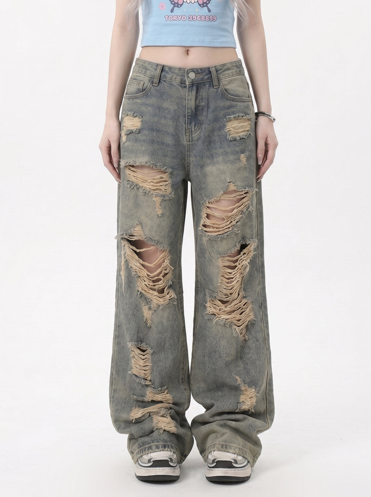 American retro ripped jeans women's summer thin ootd outfit hot girl high waist pants loose wide leg beggar pants