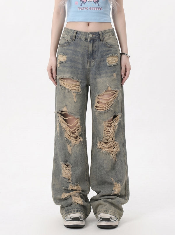 American retro ripped jeans women's summer thin ootd outfit hot girl high waist pants loose wide leg beggar pants