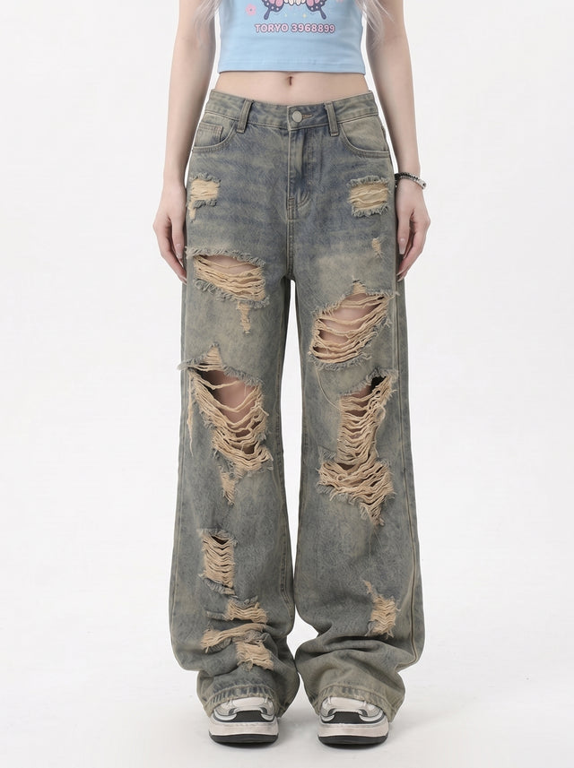 American retro ripped jeans women's summer thin ootd outfit hot girl high waist pants loose wide leg beggar pants