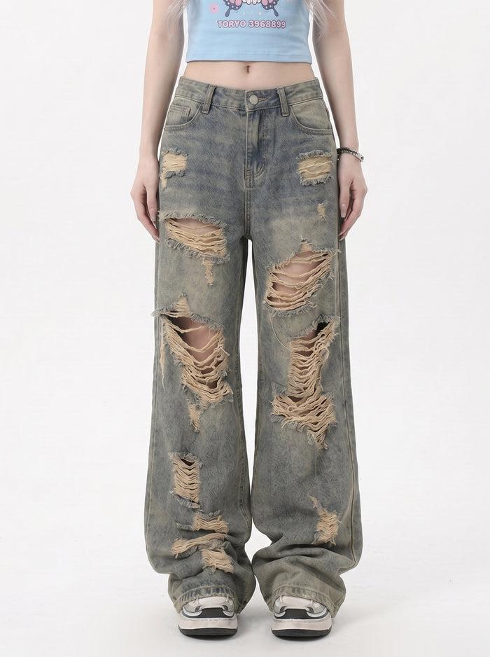 American retro ripped jeans women's summer thin ootd outfit hot girl high waist pants loose wide leg beggar pants