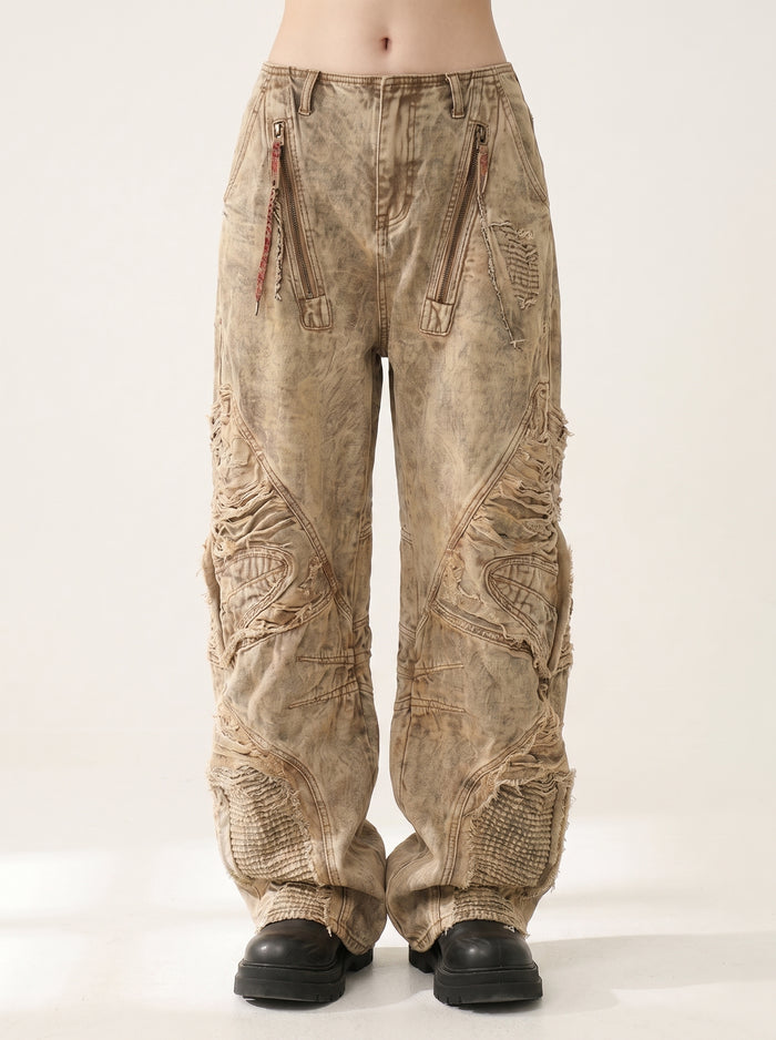 NOTINNYC Luhan is the same style of American heavy industry old irregular ripped scimitar jeans men's and women's high street pants