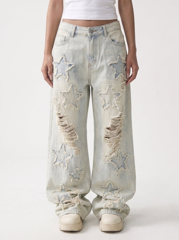 UUCSCC hip hop vintage ripped straight floor pants trendy brand white mud dyed waste earth style jeans