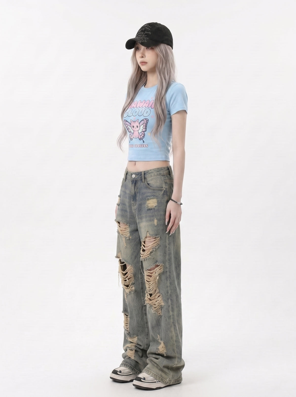 American retro ripped jeans women's summer thin ootd outfit hot girl high waist pants loose wide leg beggar pants