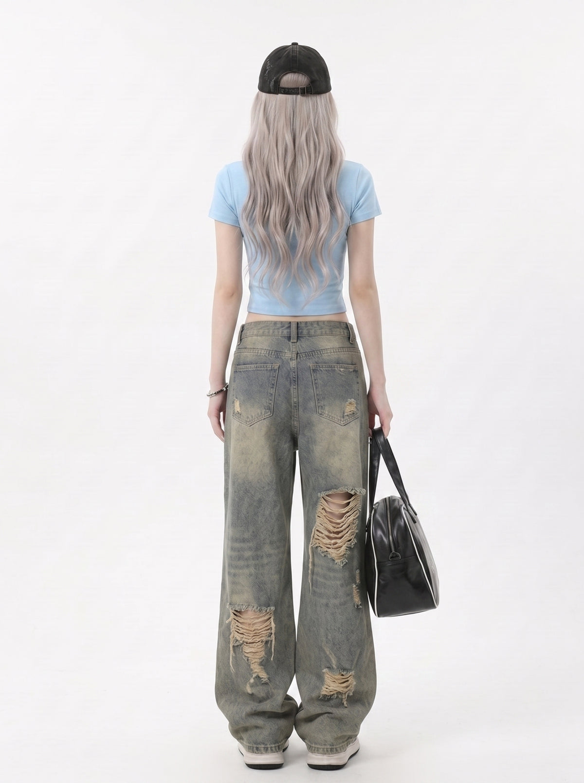 American retro ripped jeans women's summer thin ootd outfit hot girl high waist pants loose wide leg beggar pants