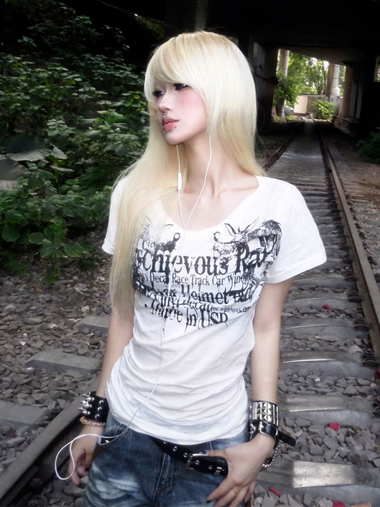 American Street Short Sleeve T-Shirt Women's Early Summer Alphabet Print Thin Tee Slim Fit Babes Subculture Top Y2K