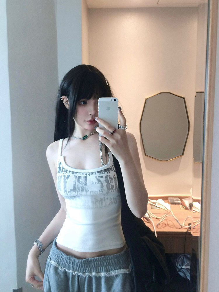 11SH97 Hot Girl White Print Sleeveless Camisole for Women, Summer Slimming Short Inner Layer, Outerwear Top