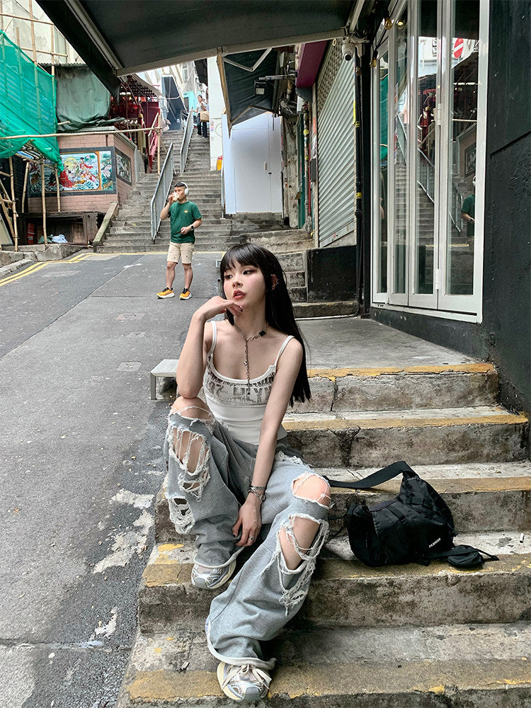 11SH97 Hot Girl White Print Sleeveless Camisole for Women, Summer Slimming Short Inner Layer, Outerwear Top