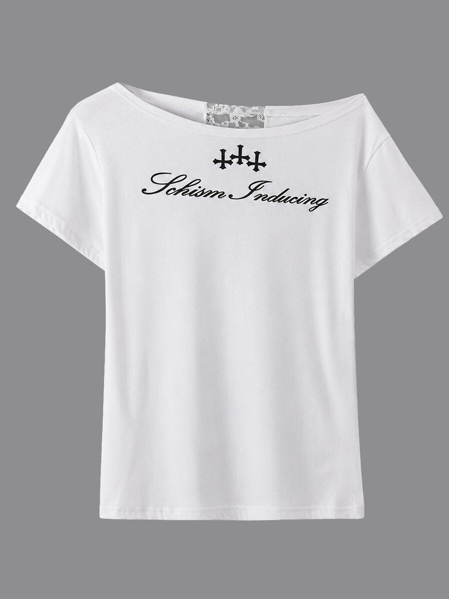 gagaopt individual design sexy see-through lace panel off-the-shoulder short-sleeved T-shirt loose large cotton top for women