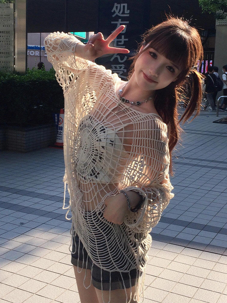 11SH97 Cutout Knit Sweater Women's Design Sense Spider Web Hole Crochet Flower Smock Abi Babes Loose Top