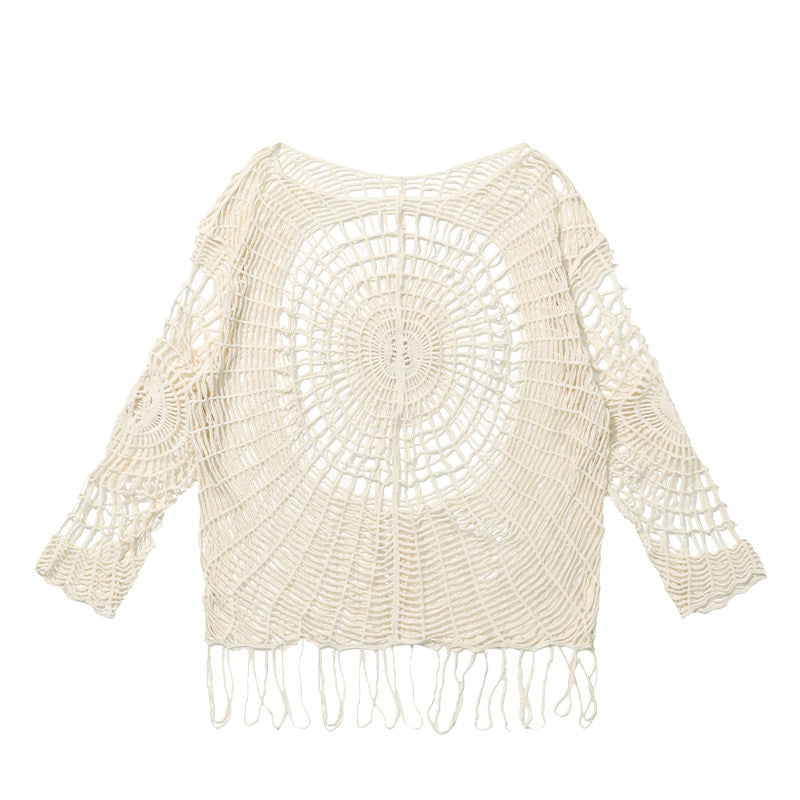 11SH97 Cutout Knit Sweater Women's Design Sense Spider Web Hole Crochet Flower Smock Abi Babes Loose Top