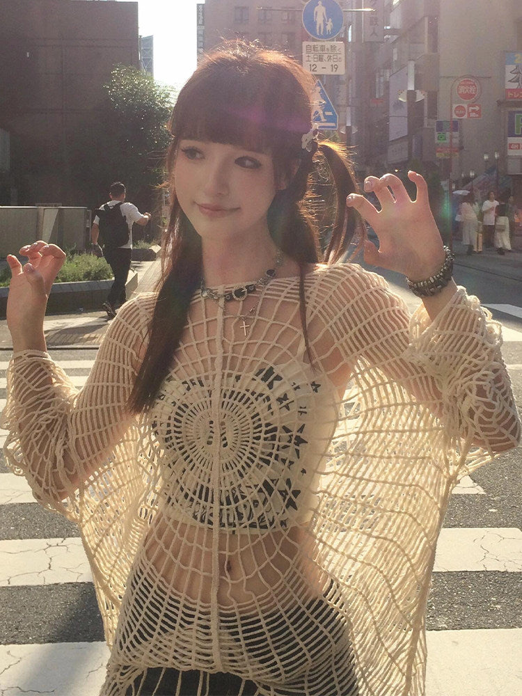 11SH97 Cutout Knit Sweater Women's Design Sense Spider Web Hole Crochet Flower Smock Abi Babes Loose Top