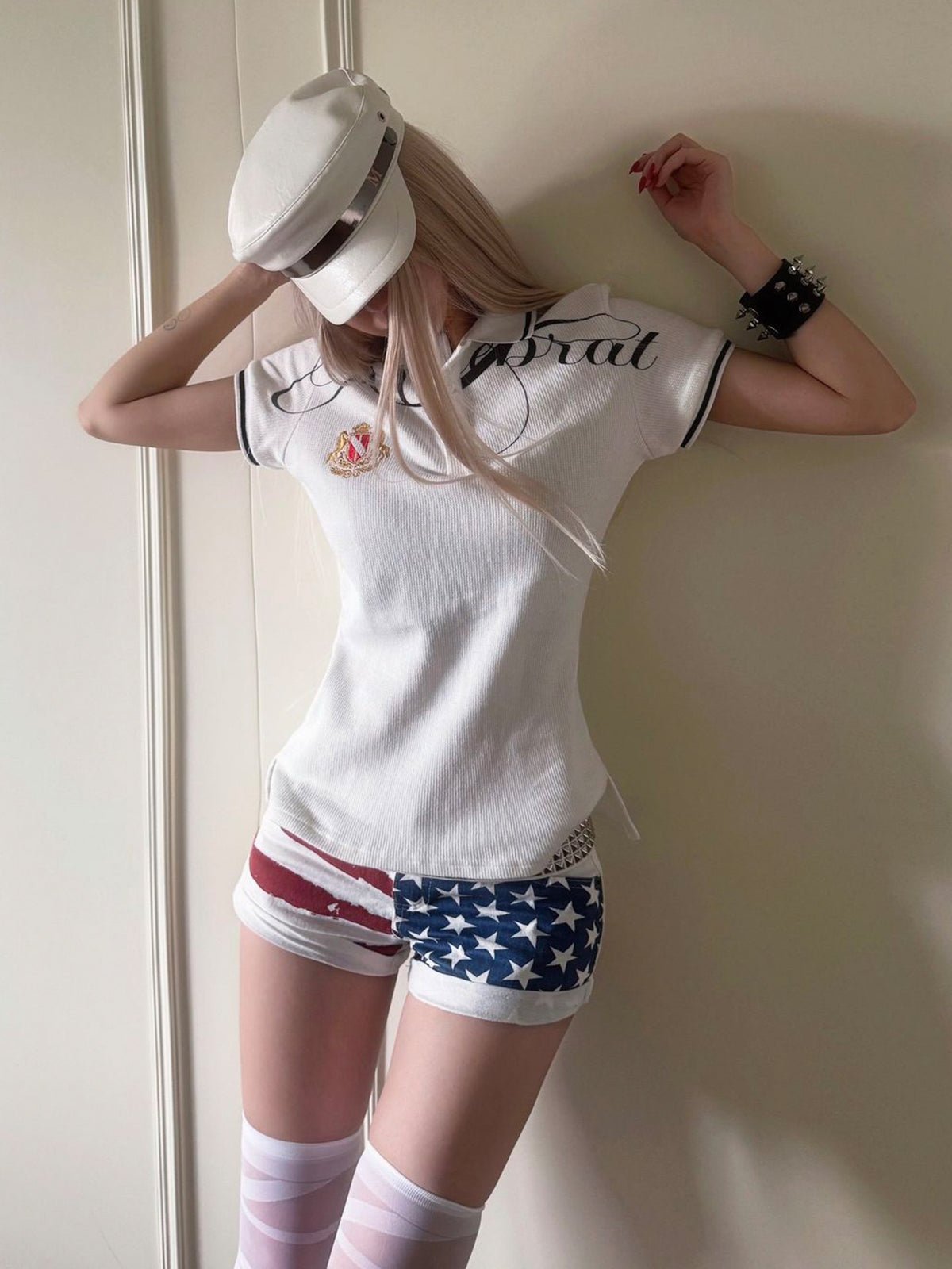 American street polo shirt for women, new summer embroidered white shoulder short-sleeve slim cropped top