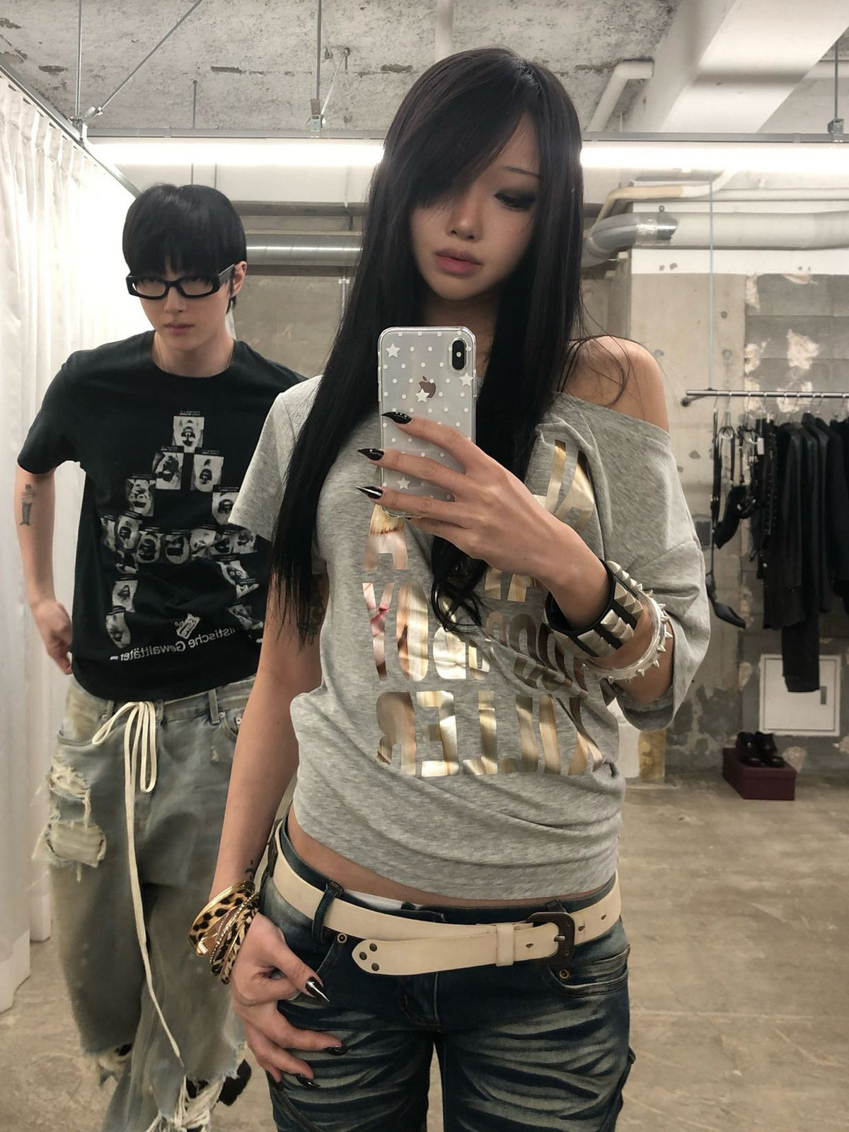 Subculture cross-shoulder short-sleeve women's summer new gold foil print off-shoulder top, spicy girl y2k vintage wide-neck T-shirt