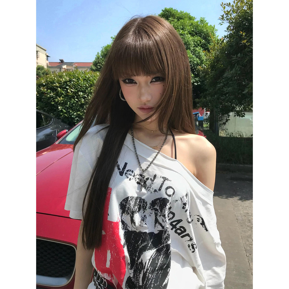 Punk subculture white cross-shoulder short-sleeve T-shirt for women, new summer backless American spicy off-shoulder top
