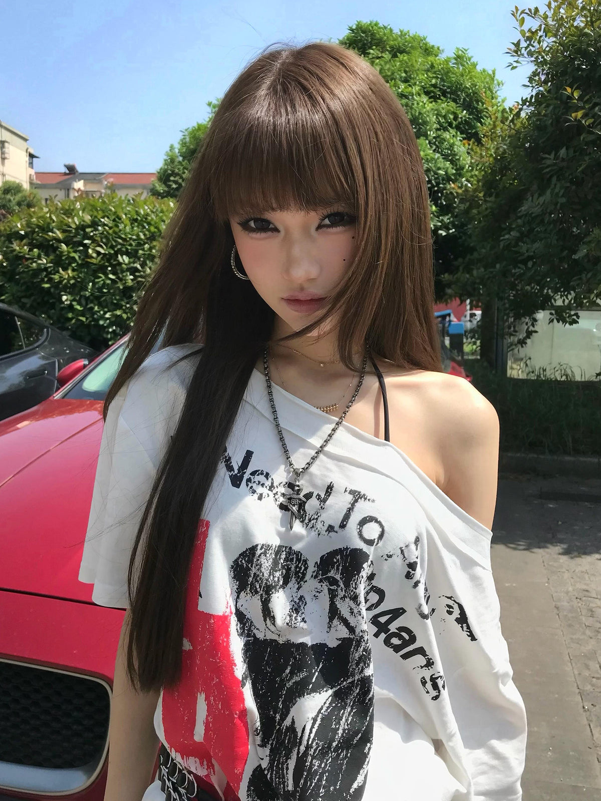 Punk subculture white cross-shoulder short-sleeve T-shirt for women, new summer backless American spicy off-shoulder top