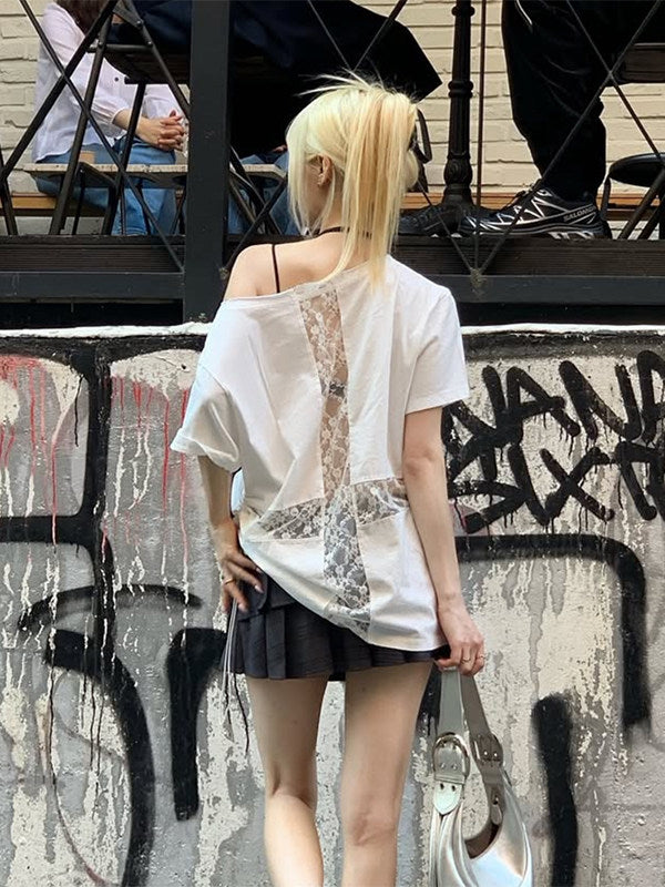 gagaopt individual design sexy see-through lace panel off-the-shoulder short-sleeved T-shirt loose large cotton top for women