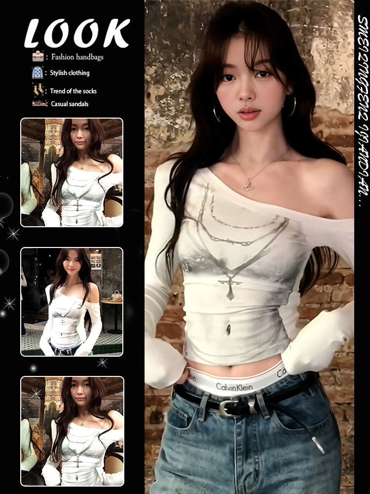 American white babes slanted shoulder long sleeve t-shirt women's spring bikini print slim fit sexy off-the-shoulder top