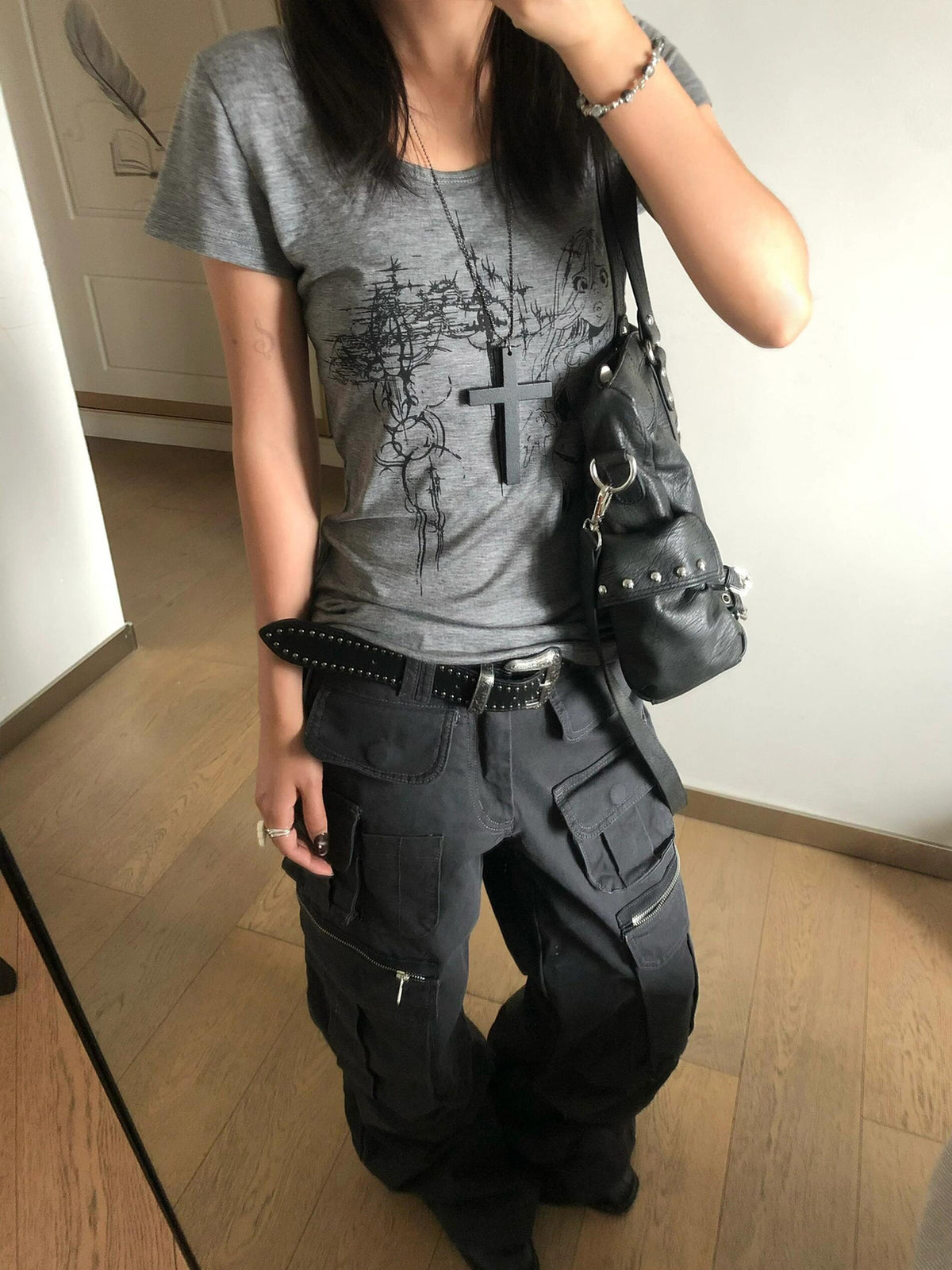 Y2K subculture straight shoulder short sleeve women's summer new printed slim short large neckline T-shirt old-fashioned light Asian top