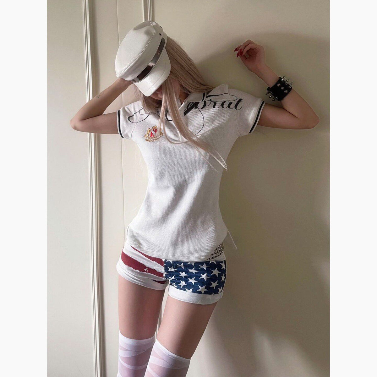 American street polo shirt for women, new summer embroidered white shoulder short-sleeve slim cropped top