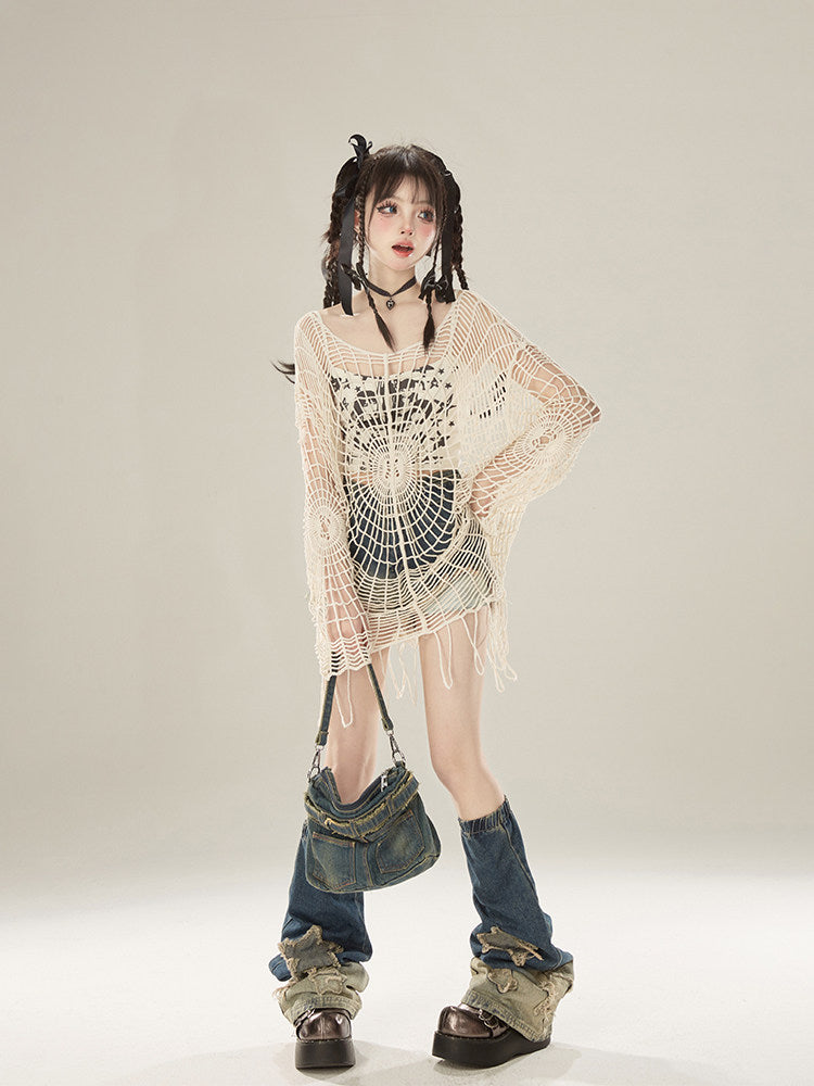11SH97 Cutout Knit Sweater Women's Design Sense Spider Web Hole Crochet Flower Smock Abi Babes Loose Top