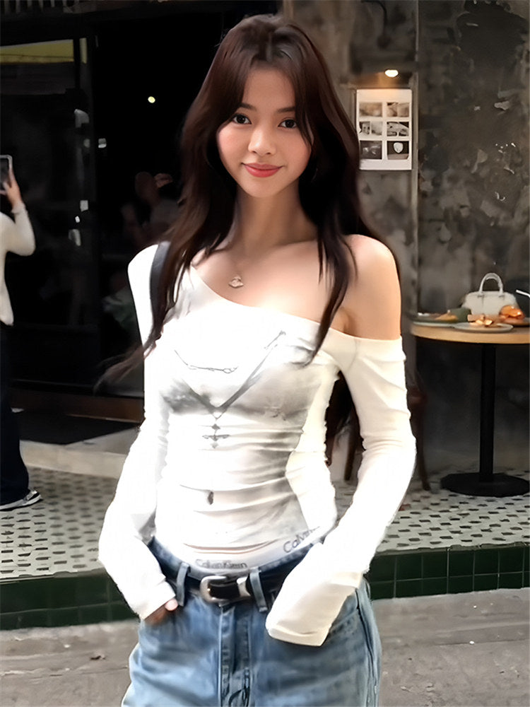 American white babes slanted shoulder long sleeve t-shirt women's spring bikini print slim fit sexy off-the-shoulder top