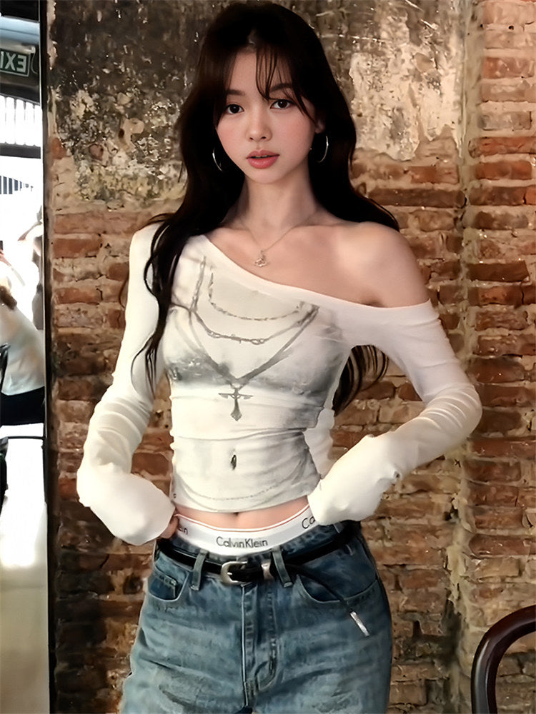 American white babes slanted shoulder long sleeve t-shirt women's spring bikini print slim fit sexy off-the-shoulder top