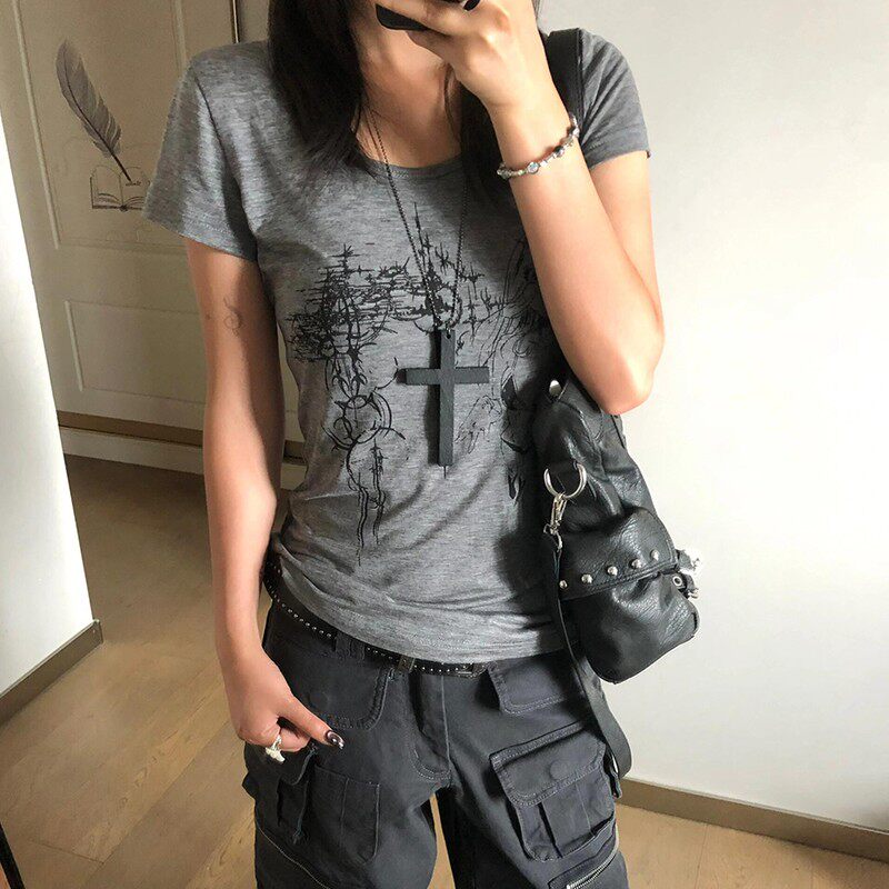 Y2K subculture straight shoulder short sleeve women's summer new printed slim short large neckline T-shirt old-fashioned light Asian top