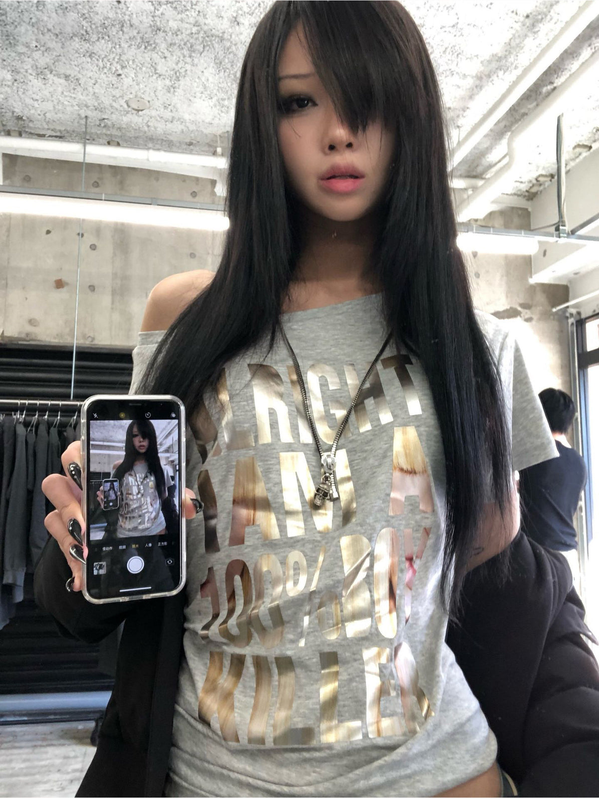 Subculture cross-shoulder short-sleeve women's summer new gold foil print off-shoulder top, spicy girl y2k vintage wide-neck T-shirt