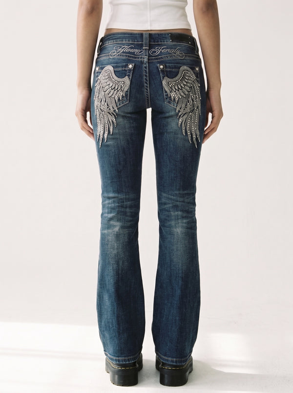 American design sense personalized wing embroidered jeans for women 2026 summer y2k millennial hot girl micro flared trousers
