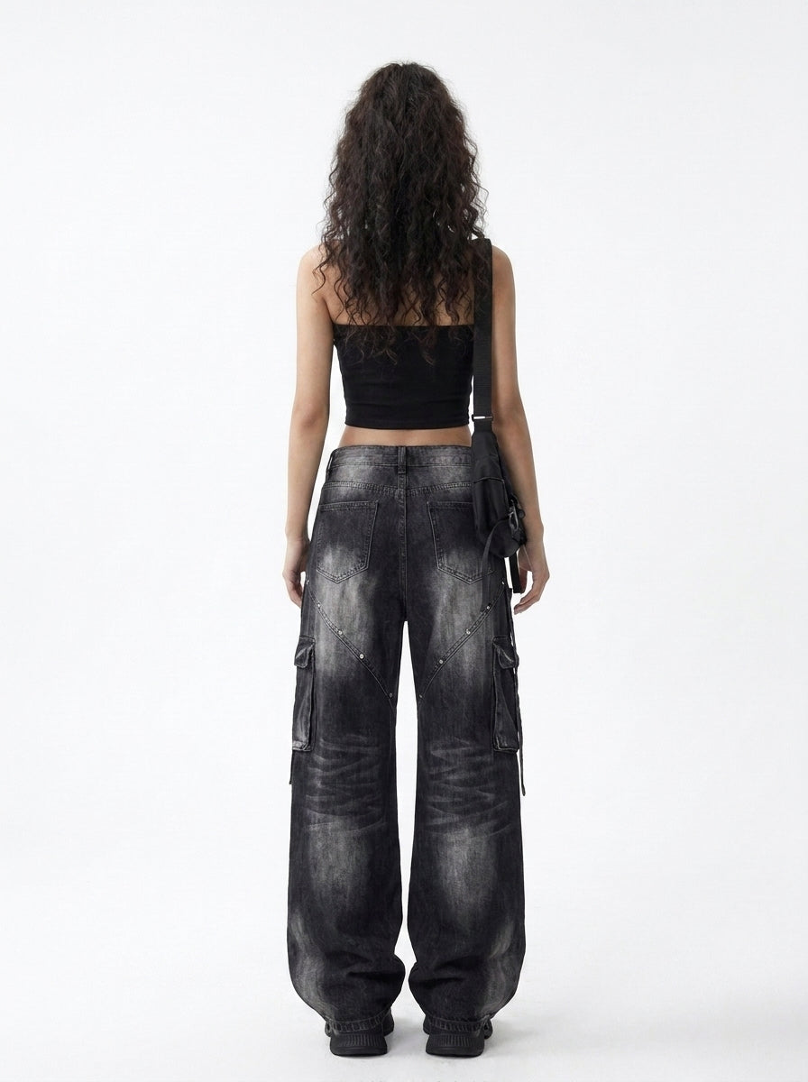 11SH97 Black ripped jeans for women, summer vintage washed distressed loose slimming straight-leg wide-leg pants