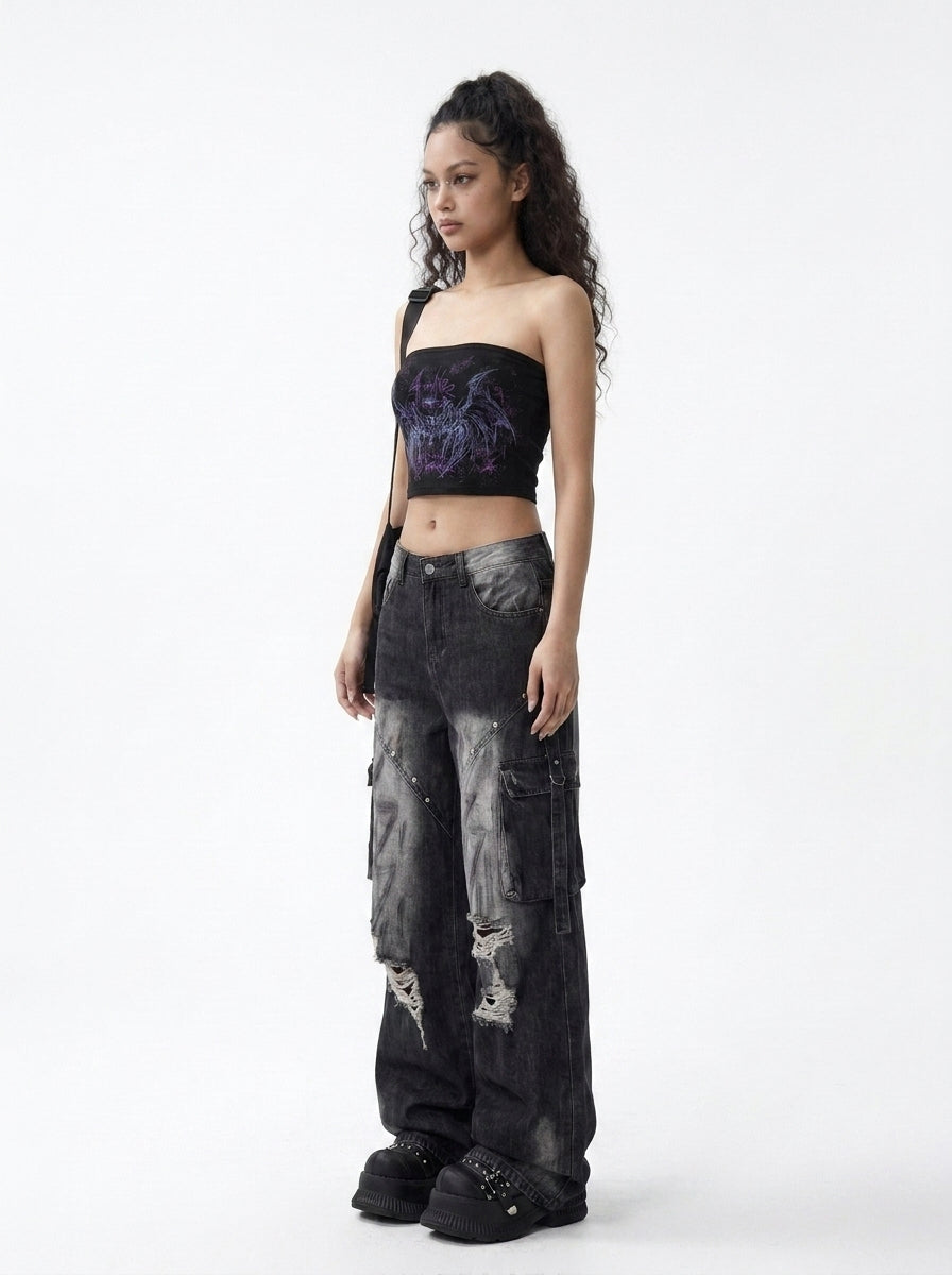 11SH97 Black ripped jeans for women, summer vintage washed distressed loose slimming straight-leg wide-leg pants