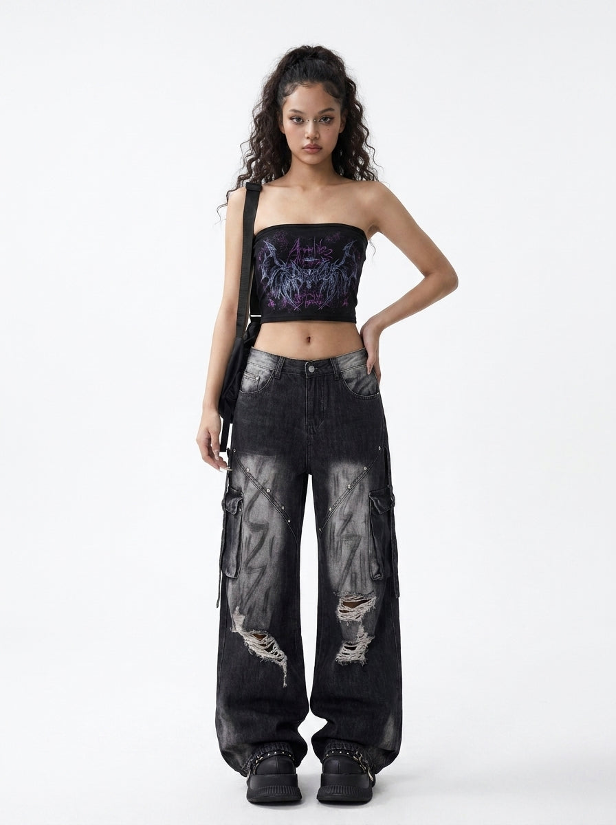 11SH97 Black ripped jeans for women, summer vintage washed distressed loose slimming straight-leg wide-leg pants